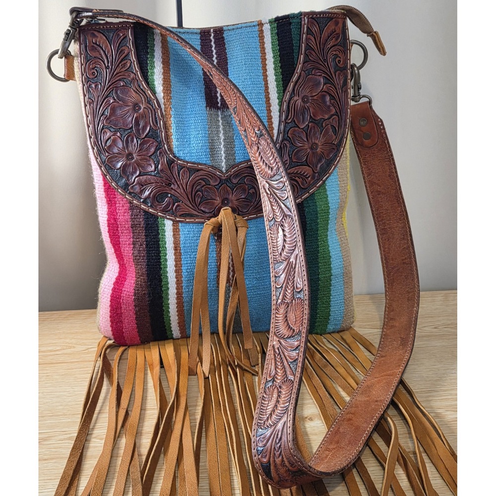 American Darling Saddle Blanket Crossbody Tooled Leather Serape Fringe Western